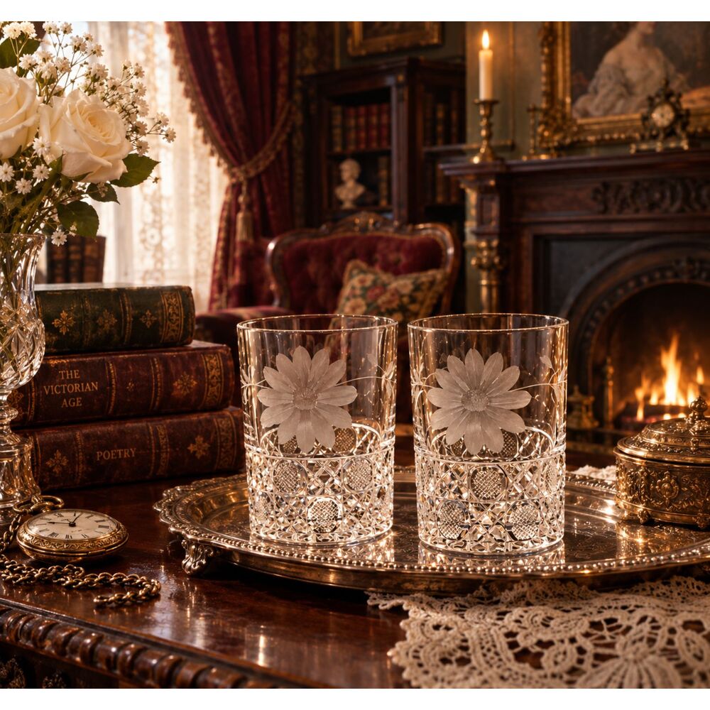 McKee Innovation 410 Set 2 Tumblers Double Old Fashioned Wheel Cut Floral 1900's